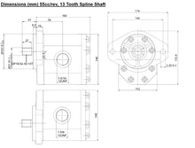 Load image into Gallery viewer, Hydraulic Gear Pump SAE B flange 55cc/rev (3.35 in3/rev), 40gpm at max speed 2900psi 13 Tooth Spline Shaft Rotation