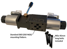 Load image into Gallery viewer, D03 (NG6): DIN Connector 3 Position Hydraulic Electrical Solenoid Valve with manual override: 21 GPM: 4560 psi: 12VDC 24VDC 110VAC : 3-Position