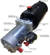 Cargar imagen en el visor de la galería, Unidad de potencia hidráulica de 12 VCC 2,6 hp 2 KW 1,3-3,6 gpm 1100-3200 psi montaje de válvula opcional