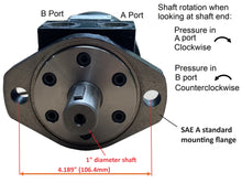 Load image into Gallery viewer, Hydraulic Low Speed High Torque Orbital Motor 4 bolt and 2 bolt SAE A Flange 50-500cc/rev 0-4100 in-lbs torque 0-760rpm 0-14.5gpm
