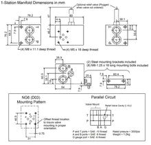 Load image into Gallery viewer, Dimensions, Aluminum parallel bar manifold 1 station for hydraulic valve D03 NG6