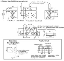 Load image into Gallery viewer, Dimensions, Aluminum parallel bar manifold 2 station for hydraulic valve D03 NG6