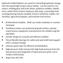 Load image into Gallery viewer, Hydraulic Low Speed High Torque Orbital Motor 4 bolt and 2 bolt SAE A Flange 50-500cc/rev 0-4100 in-lbs torque 0-760rpm 0-14.5gpm