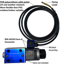 Charger l&#39;image dans la galerie, Cable assembly for hydraulic single or double solenoid valve DIN 46350 Form A 18mm PUR polyurethane outdoor rated 12VDC 24VDC 110VAC or 220VAC

