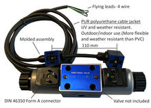 Charger l&#39;image dans la galerie, Cable assembly for hydraulic single or double solenoid valve DIN 46350 Form A 18mm PUR polyurethane outdoor rated 12VDC 24VDC 110VAC or 220VAC
