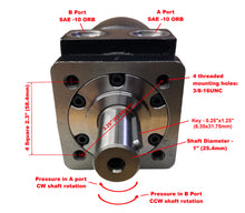 Load image into Gallery viewer, Hydraulic Low Speed High Torque Orbital Motor 4 bolt and 2 bolt SAE A Flange 50-500cc/rev 0-4100 in-lbs torque 0-760rpm 0-14.5gpm
