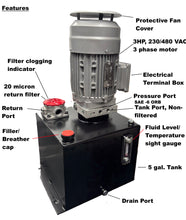Load image into Gallery viewer, Vertical hydraulic power unit, 2gpm, 2200 PSI, 3 HP 230/460VAC 3 Phase, 5 Gallon Tank
