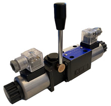 Load image into Gallery viewer, D03 (NG6): DIN Connector 3 Position Hydraulic Electrical Solenoid Valve with manual override: 21 GPM: 4560 psi: 12VDC 24VDC 110VAC : 3-Position
