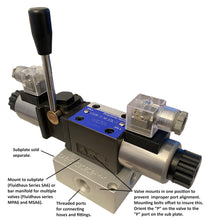 Load image into Gallery viewer, D03 (NG6): DIN Connector 3 Position Hydraulic Electrical Solenoid Valve with manual override: 21 GPM: 4560 psi: 12VDC 24VDC 110VAC : 3-Position
