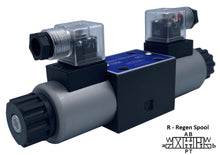 Load image into Gallery viewer, D03 (NG6): DIN Connector 3 Position Hydraulic Electrical Solenoid Valve: 21 GPM: 4560 psi: 12VDC 24VDC 110VAC 220VAC: 3-Position
