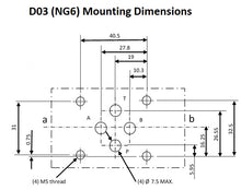 Cargar imagen en el visor de la galería, D03 (NG6): Conector DIN Válvula solenoide eléctrica hidráulica de 3 posiciones: 21 GPM: 4560 psi: 12 VCC 24 VCC 110 VCA 220 VCA: 3 posiciones
