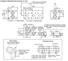 Load image into Gallery viewer, Dimensions, Aluminum parallel bar manifold 3 station for hydraulic valve D03 NG6
