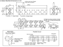 Load image into Gallery viewer, Dimensions, Aluminum parallel bar manifold 5 station for hydraulic valve D03 NG6
