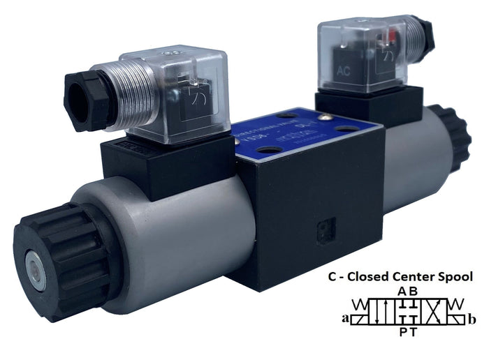 D03 (NG6): DIN Connector 3 Position Hydraulic Electrical Solenoid Valve: 21 GPM: 4560 psi: 12VDC 24VDC 110VAC 220VAC: 3-Position